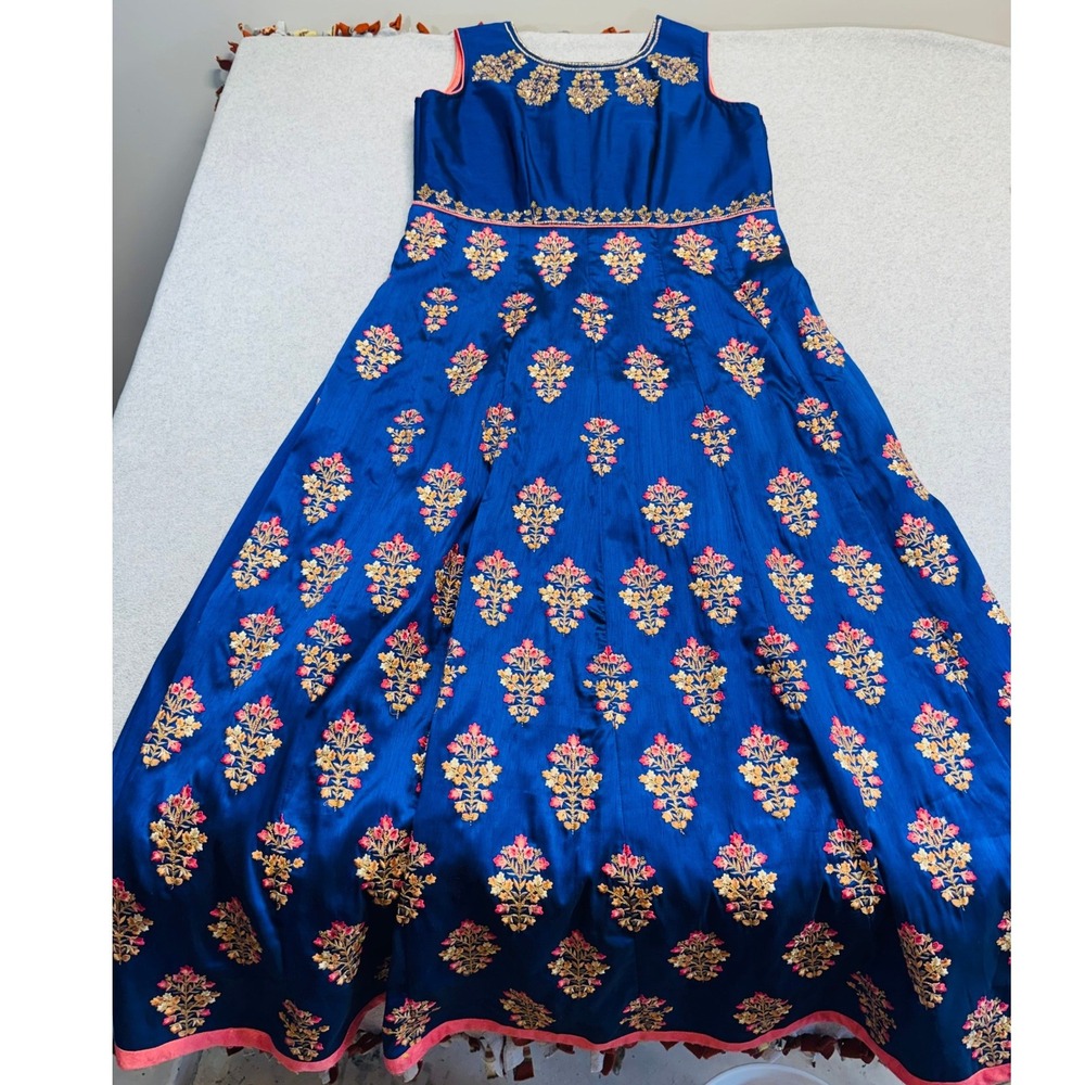 Soch Women L Blue Gold Embroidered Indian Wedding Party Dress Anarkali Desi